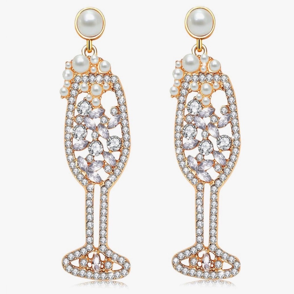CHAMPAGNE EARRINGS CRYSTAL PEARL BLING ENCRUSTED WINE GLASS DROP POSTS NEW - Picture 3 of 3